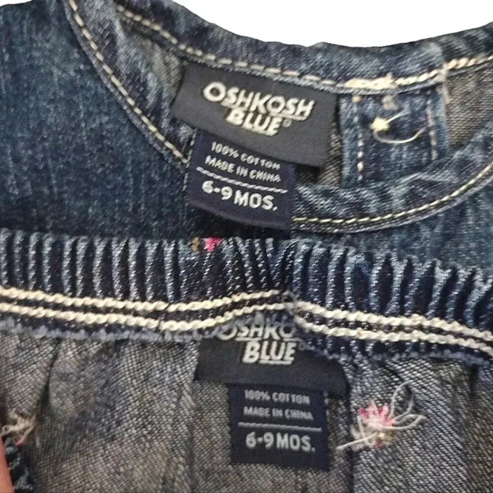 VTG OshKosh 2 Piece Floral Denim‎ Jean Jumper Dress Girl's 6-9mos